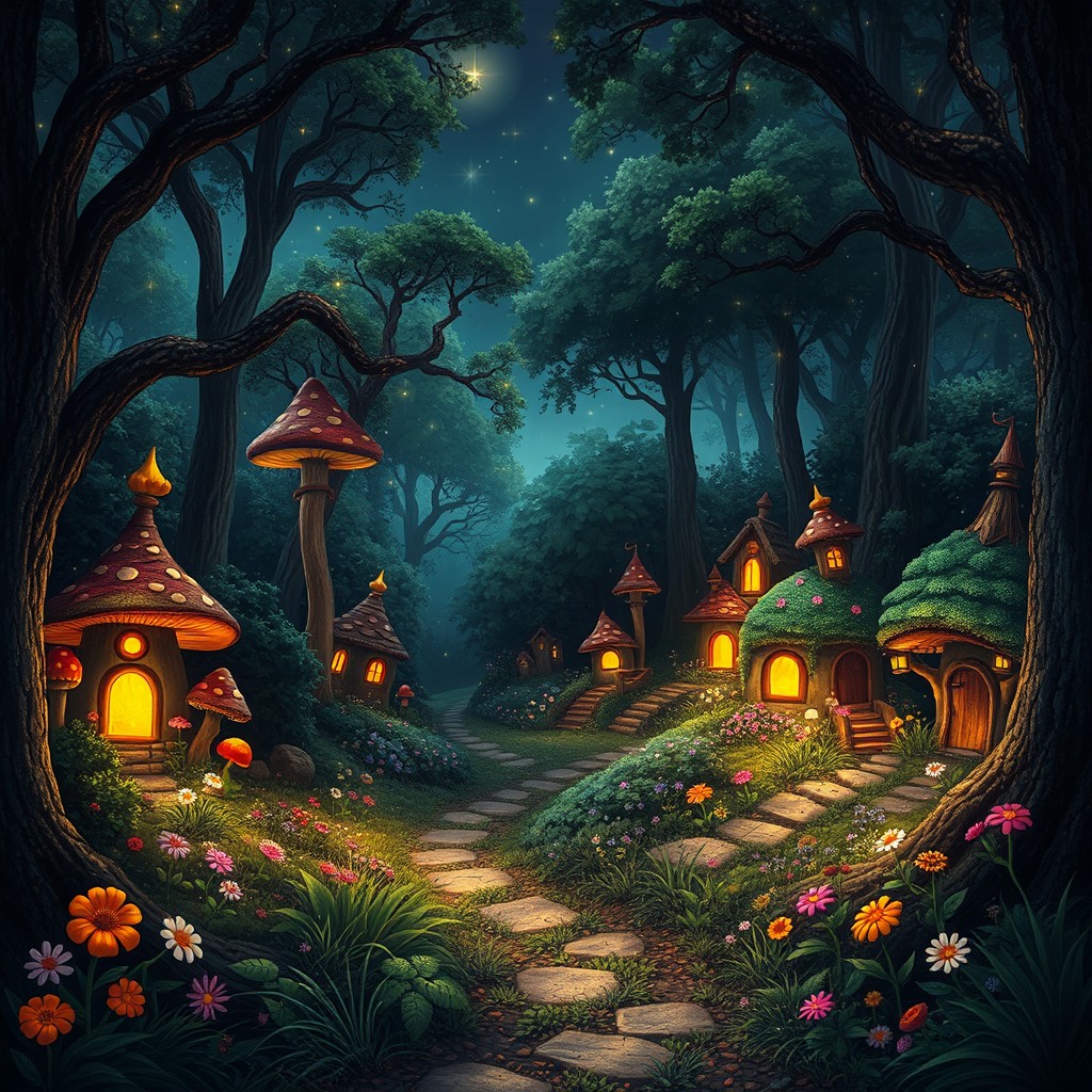 A magical fairy forest at night, illuminated by glowing mushrooms and twinkling stars in the sky