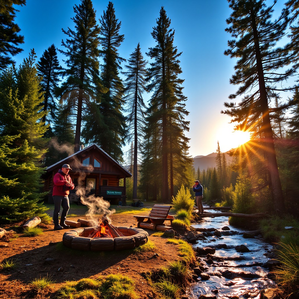 A serene wilderness scene capturing the essence of off-grid living, showcasing a rustic wooden cabin nestled among tall, majestic pine trees