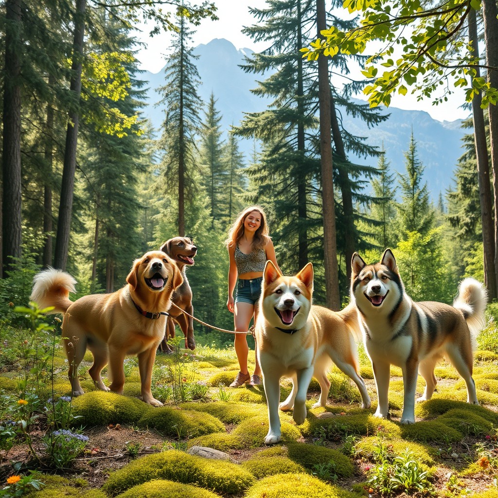 A beautiful scene depicting a person standing amidst a lush mountain forest surrounded by various breeds of happy dogs playing and exploring the area