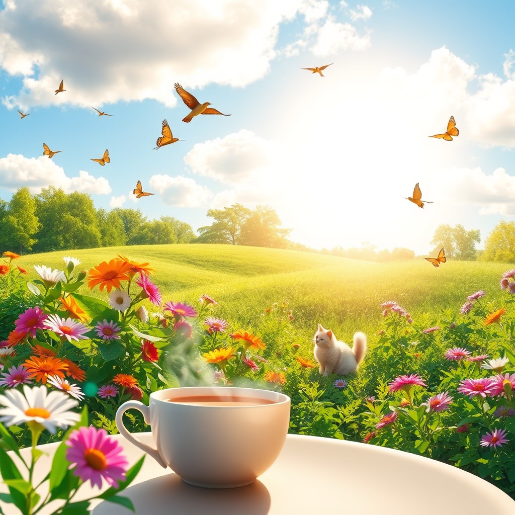 A bright and cheerful morning scene featuring a sunlit landscape with colorful flowers and lush greenery