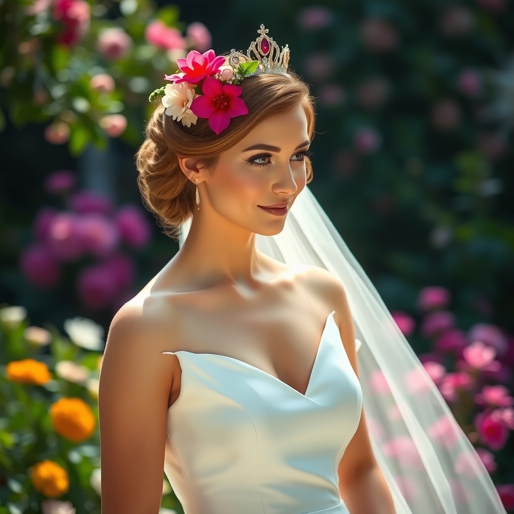 A beautiful bride standing gracefully, adorned with an elegant hairstyle decorated with vibrant flowers and a stunning crown on her head
