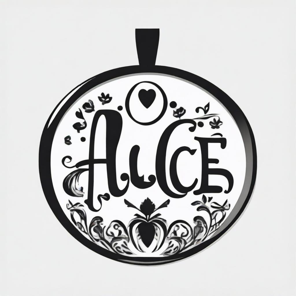 A high contrast, black and white vector-style illustration of the name 'Alice' formed into a pendant shape with rounded decoration on a white background. Keep a simple, flat design and line art style with no colors.