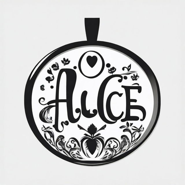 A high contrast, black and white vector-style illustration of the name 'Alice' formed into a pendant shape with rounded decoration on a white background. Keep a simple, flat design and line art style with no colors.