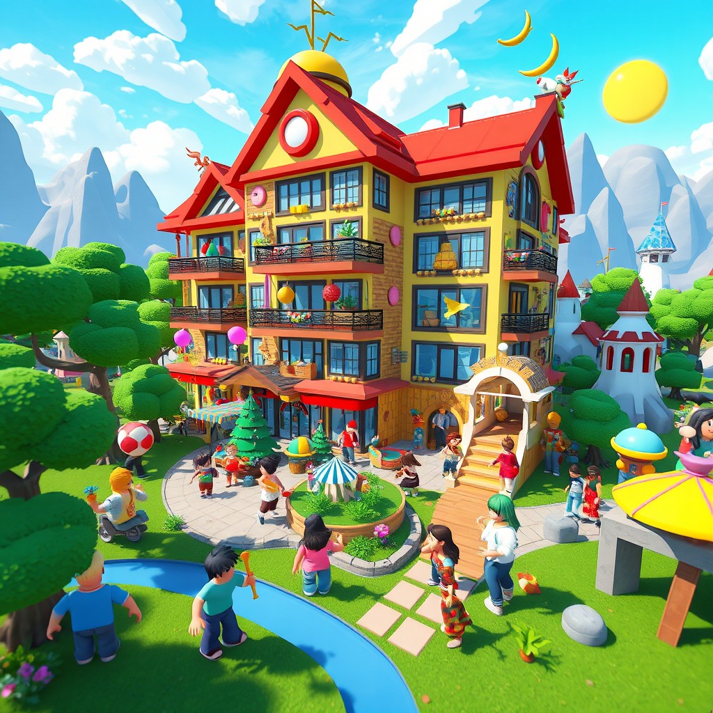 A vibrant and imaginative landscape inspired by Roblox games, featuring a bustling virtual condo with colorful decorations, playful character avatars interacting joyfully, surrounded by trees, a sunny sky, and unique architectural elements that showcase the creativity of the Roblox universe