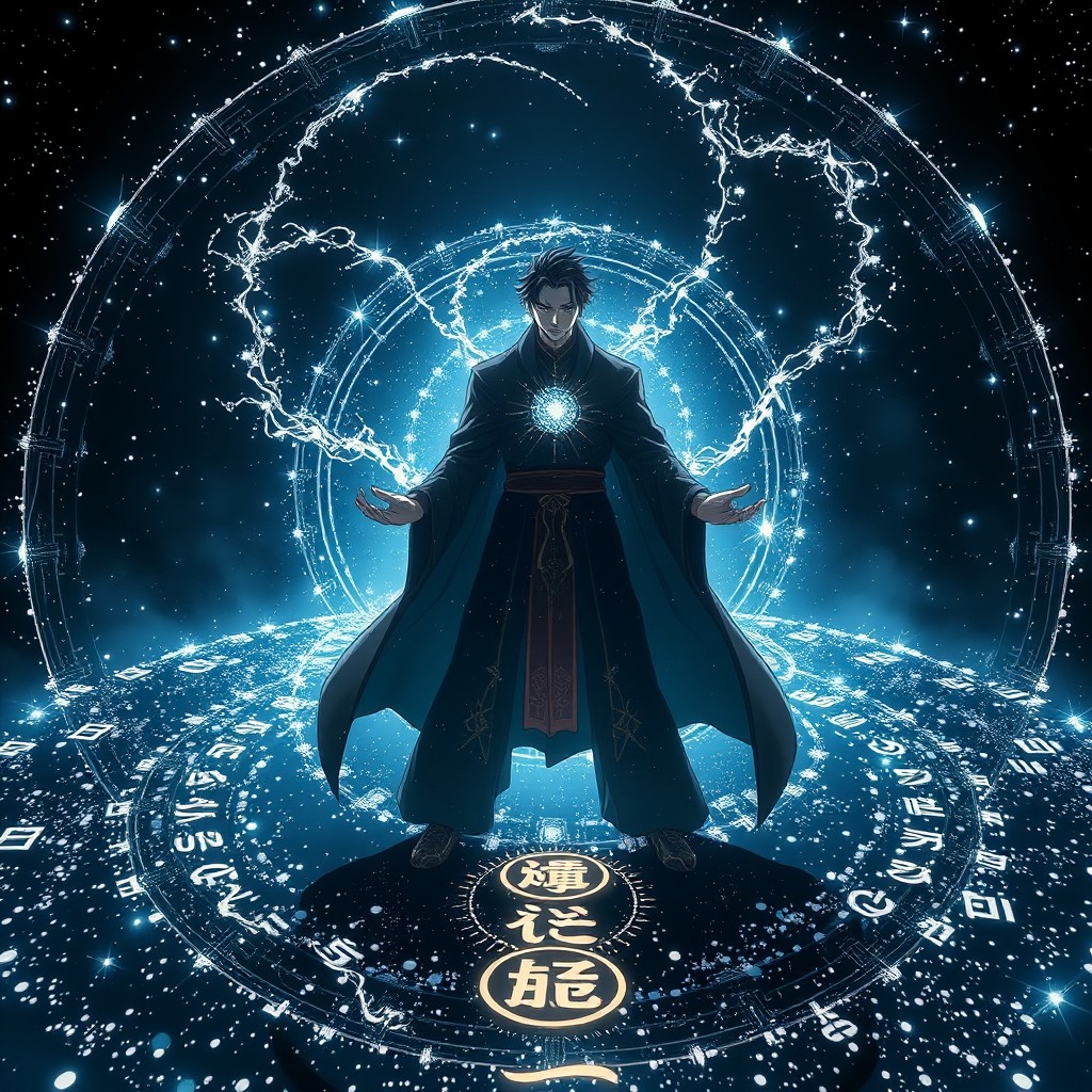 A powerful male sorcerer stands at the center of his Domain Expansion, depicted in an animation style inspired by Jujutsu Kaisen