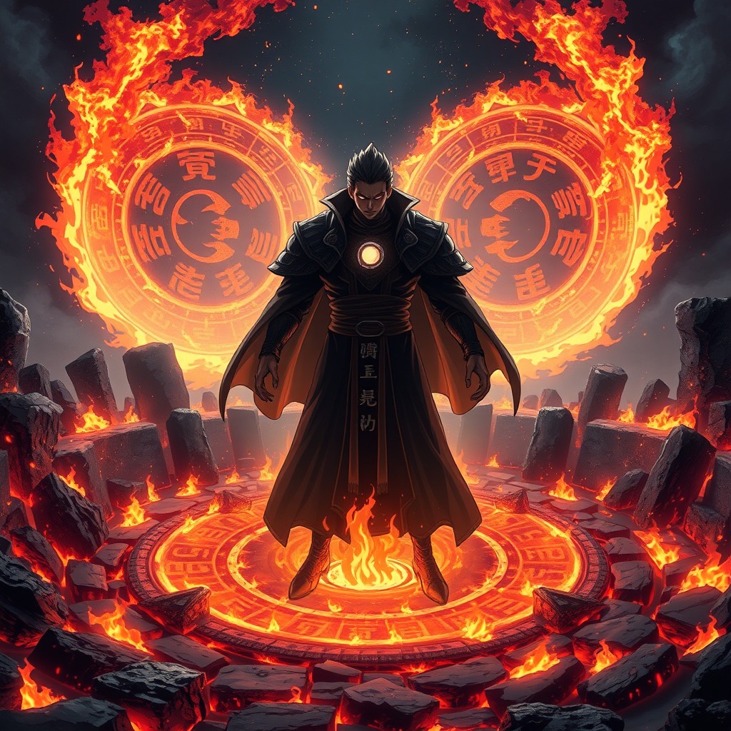 A powerful anime sorcerer stands at the center of his Domain Expansion, surrounded by a massive crucible of black flames and burning cursed energy