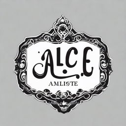 A high contrast, black and white vector-style illustration of the name 'Alice' formed into a pendant shape with rounded decoration on a white background. Keep a simple, flat design and line art style with no colors.