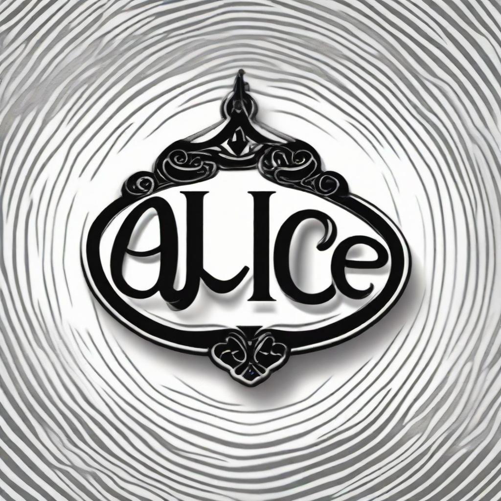 A high contrast, black and white vector-style illustration of the name 'Alice' formed into a pendant shape with rounded decoration on a white background. Keep a simple, flat design and line art style with no colors.