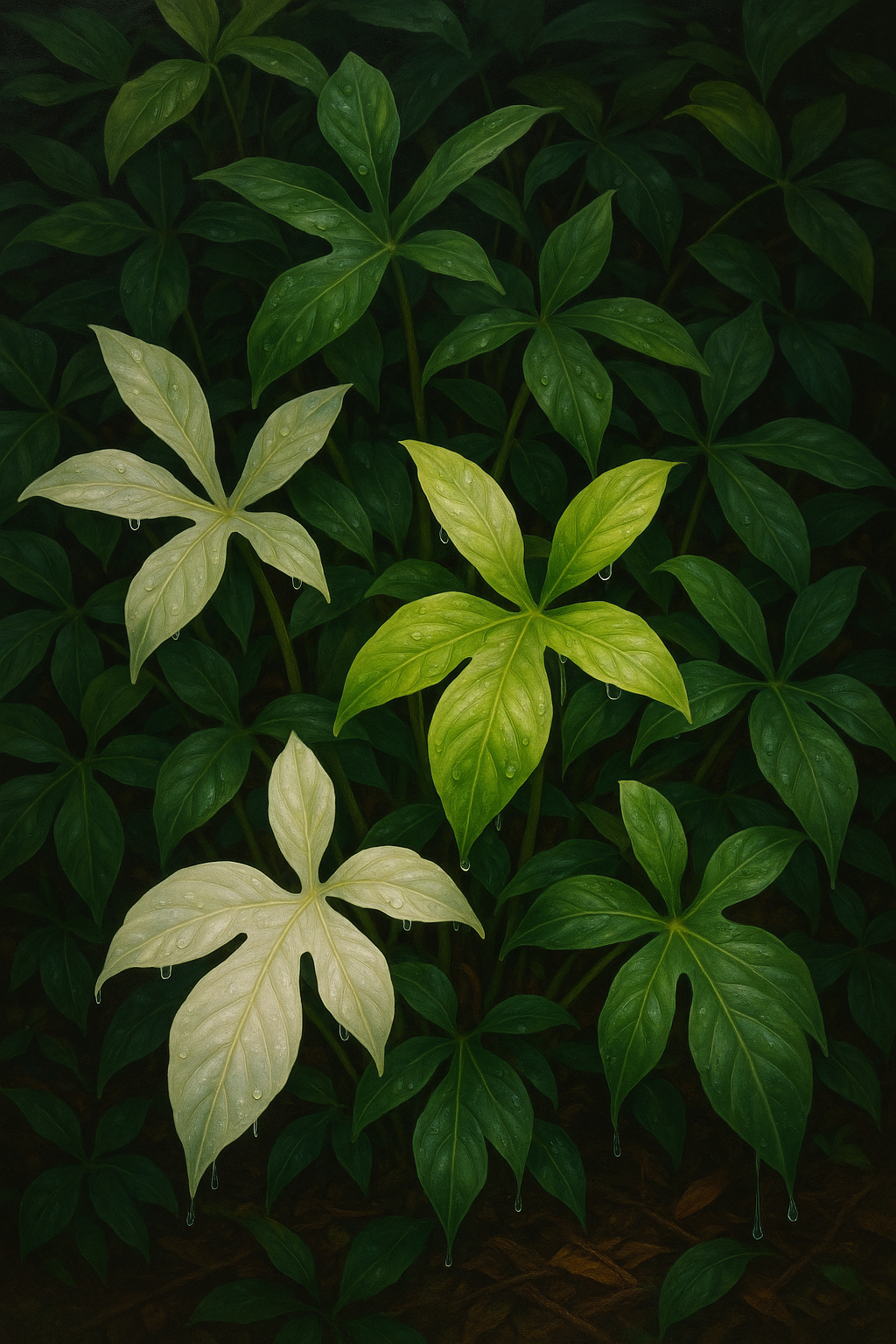 o imagine plina cu frunze de philodendron florida ghost. imaginea sa fie de tip pictura hiper realista. cateva picaturi de apa sa se scurga de pe frunze. sa se vada nervurile plantei. imaginea sa fie inspirata de fotografiile incarcate de mine