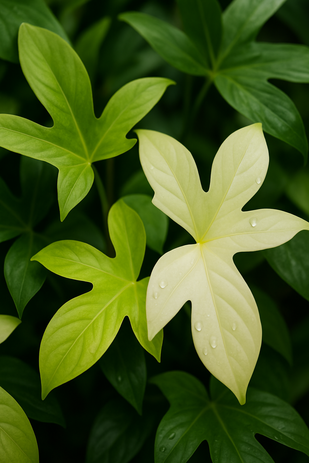 Ultra-realistic macro photo of a lush, dense cluster of Philodendron Florida Ghost leaves. Focus on the unique lobed shape and color gradients — from creamy white and pale mint to light and mature green. Include soft, natural lighting with subtle shadows and highlights to emphasize the texture and curvature of the leaves. Add realistic water droplets on some leaves for a fresh, dewy look. The composition should be immersive, as if taken from within the plant, surrounded by foliage. The background should be softly blurred (shallow depth of field), like in a professional indoor plant photoshoot. No filters, no stylized effects — it must look like a high-resolution DSLR photograph. No pots or soil visible.