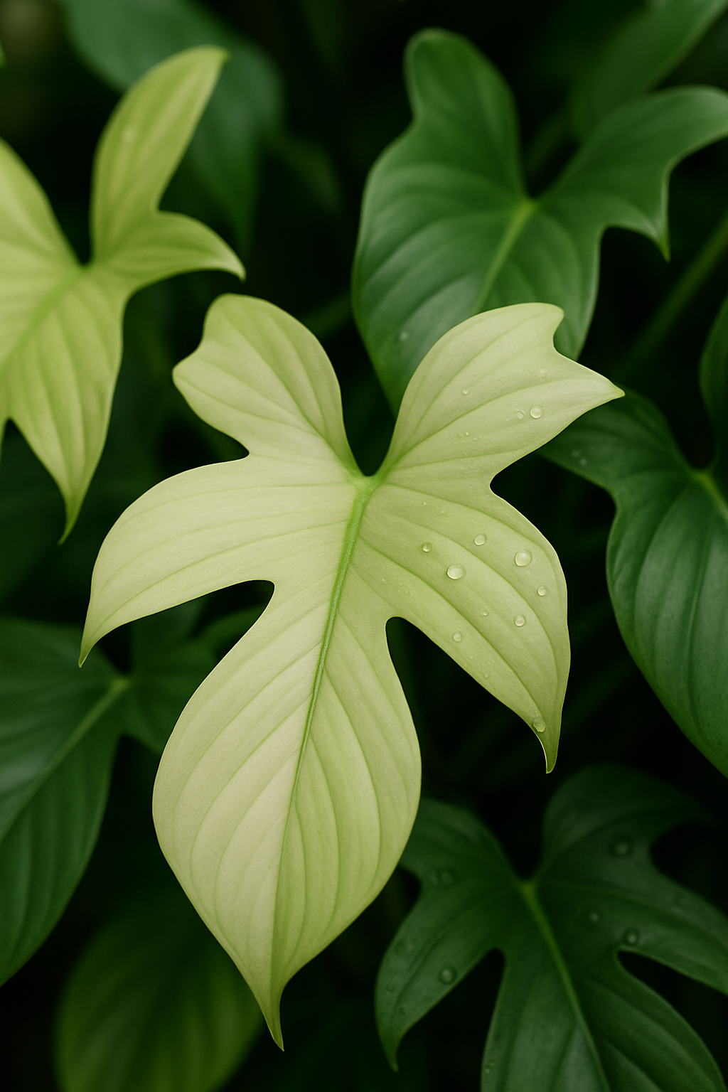 Ultra-realistic macro photo of a lush, dense cluster of Philodendron Florida Ghost leaves. Focus on the unique lobed shape and color gradients — from creamy white and pale mint to light and mature green. Include soft, natural lighting with subtle shadows and highlights to emphasize the texture and curvature of the leaves. Add realistic water droplets on some leaves for a fresh, dewy look. The composition should be immersive, as if taken from within the plant, surrounded by foliage. The background should be softly blurred (shallow depth of field), like in a professional indoor plant photoshoot. No filters, no stylized effects — it must look like a high-resolution DSLR photograph. No pots or soil visible.
