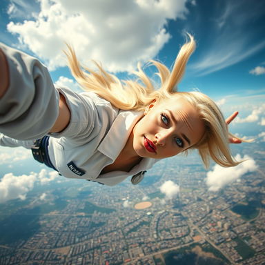 A stunning, sexy blonde nurse with striking blue eyes and alluring red lips is gracefully falling from the sky