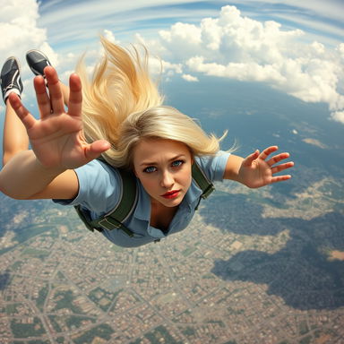 A stunning, sexy blonde nurse with striking blue eyes and alluring red lips is gracefully falling from the sky