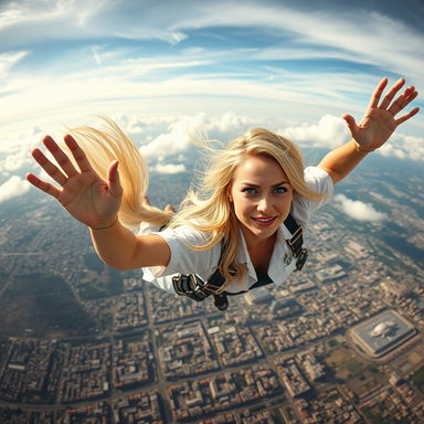 A stunning, sexy blonde nurse with striking blue eyes and alluring red lips is gracefully falling from the sky