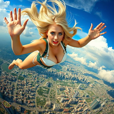 A strikingly attractive blonde nurse with large breasts, captivating blue eyes, and vibrant red lips, dressed in a micro bikini, is elegantly falling from the sky