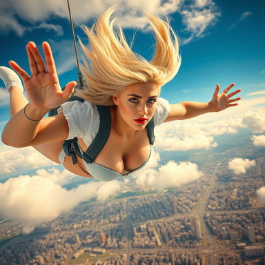 A strikingly attractive blonde nurse with large breasts, captivating blue eyes, and vibrant red lips, dressed in a micro bikini, is elegantly falling from the sky