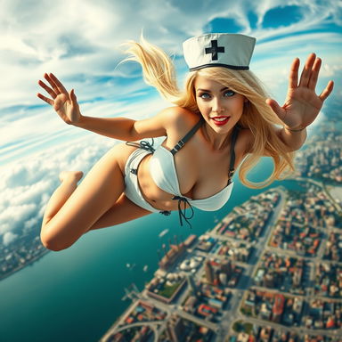 An alluring blonde nurse wearing a classic nurse hat, with large breasts, striking blue eyes, and vibrant red lips, is dramatically falling from the sky in a revealing micro bikini