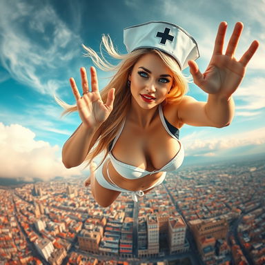 An alluring blonde nurse wearing a classic nurse hat, with large breasts, striking blue eyes, and vibrant red lips, is dramatically falling from the sky in a revealing micro bikini