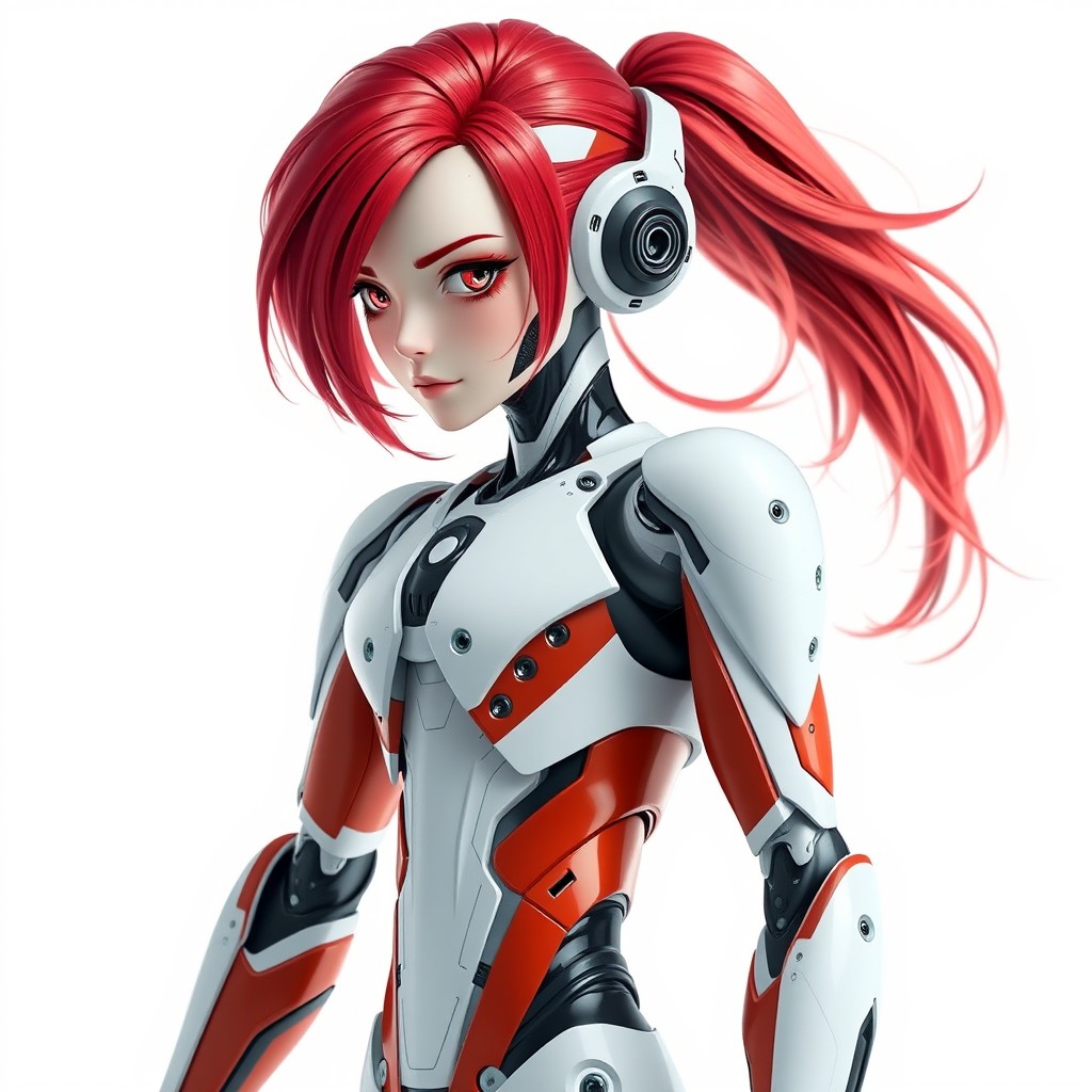 A full body shot of a red-haired android with a mostly skin-like appearance