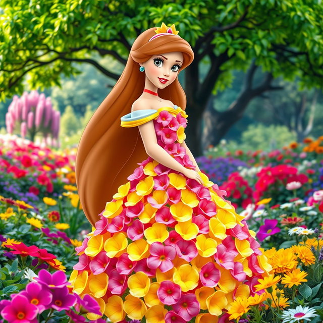 A Disney-style princess with long flowing hair, wearing a beautiful dress made entirely of pink and yellow flowers