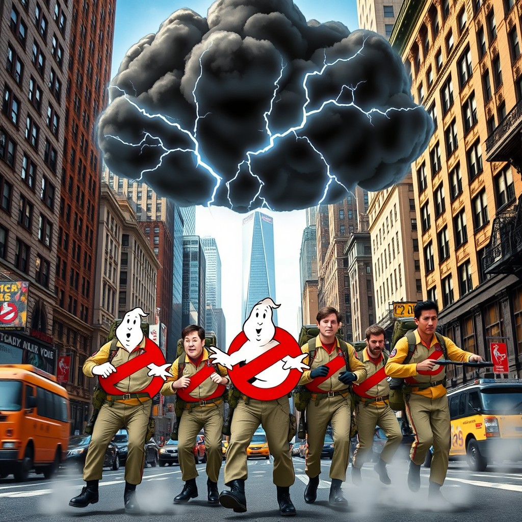 The iconic Ghostbusters in their distinctive uniforms and equipment, actively patrolling the streets of New York City