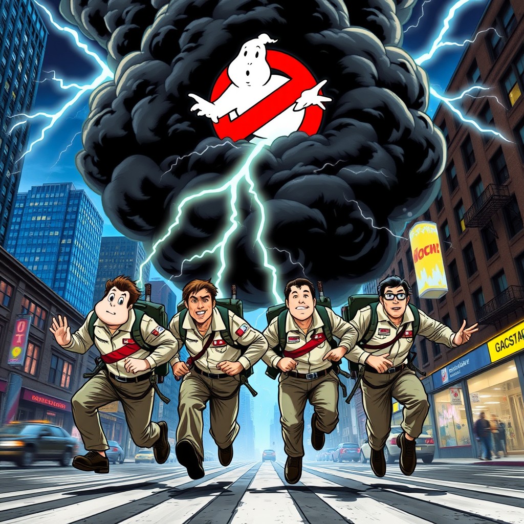 The four Ghostbusters, Peter, Ray, Winston, and Egon, are depicted in a dynamic pose, running energetically through the streets of New York City