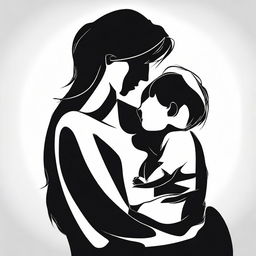 A high contrast, black and white vector-style illustration of the silhouette of a mother holding a baby on a white background. Use a simple, flat design and line art style, with no colors.