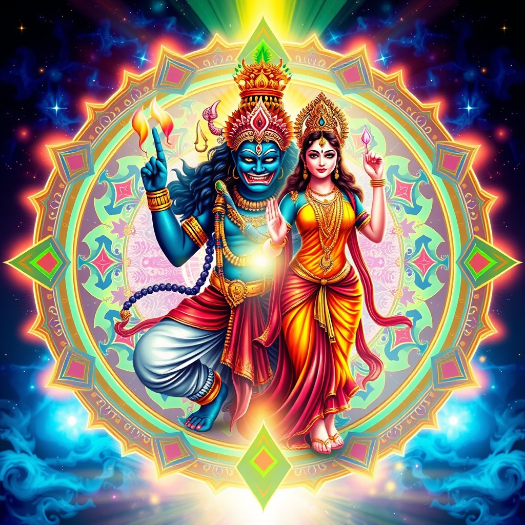 A vivid depiction of Bhairav and Bhairavi, two powerful deities, represented within the Bhairavi chakra