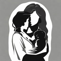 A high contrast, black and white vector-style illustration of the silhouette of a mother holding a baby on a white background. Use a simple, flat design and line art style, with no colors.