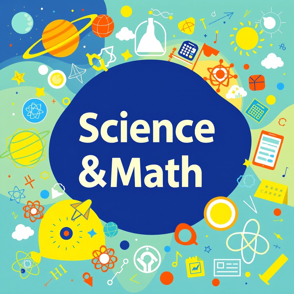 A visually striking cover page design for a science and math textbook, featuring vibrant illustrations of various scientific and mathematical concepts