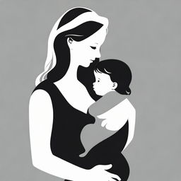 A high contrast, black and white vector-style illustration of the silhouette of a mother holding a baby on a white background. Use a simple, flat design and line art style, with no colors.