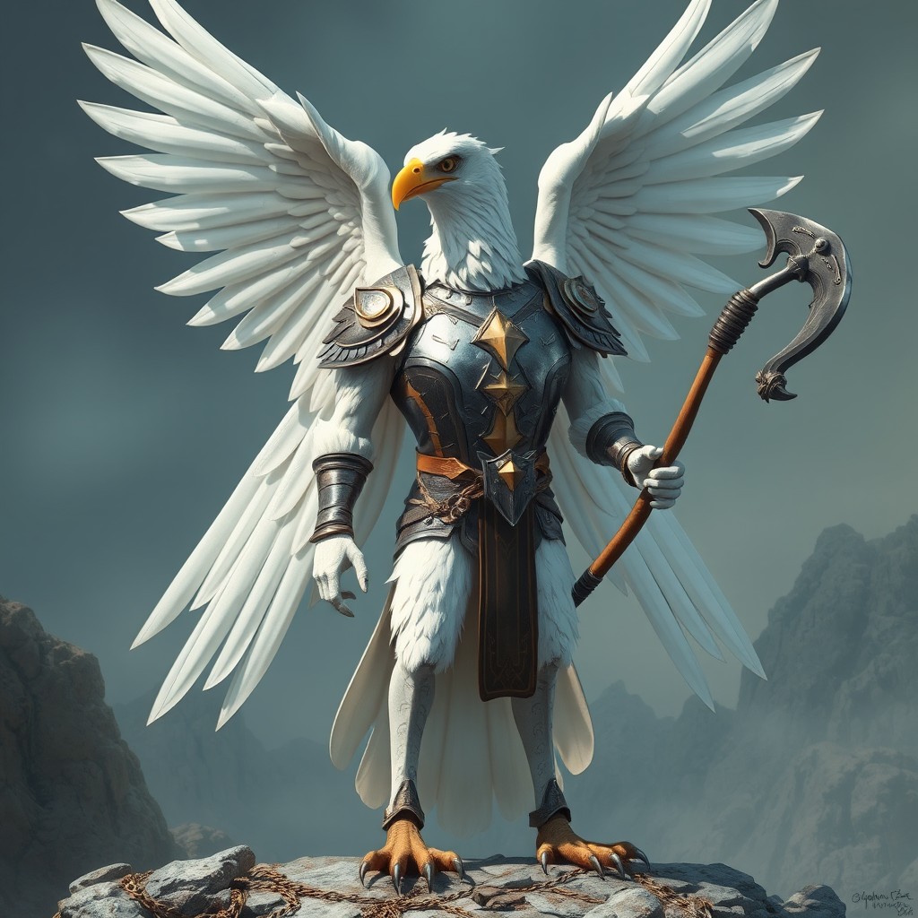 A majestic aarakocra, resembling a humanoid eagle with a height of approximately 2 meters, slender and elegant