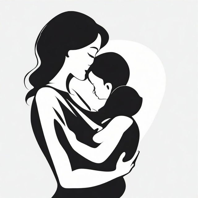 A high contrast, black and white vector-style illustration of the silhouette of a mother holding a baby on a white background. Use a simple, flat design and line art style, with no colors.