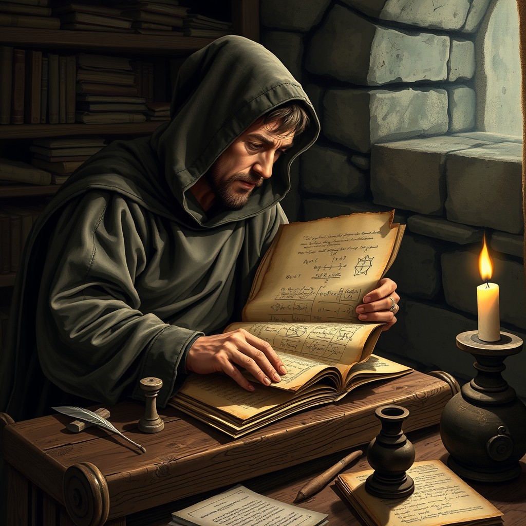 A medieval mathematician, slightly hunched over a wooden bench, deep in concentration as he studies an ancient manuscript filled with complex equations