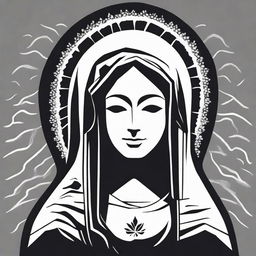 A high contrast, black and white vector-style illustration of the silhouette of a Holy Mother, front view on a white background. Ensure a simple, flat design and line art style without use of any colors.