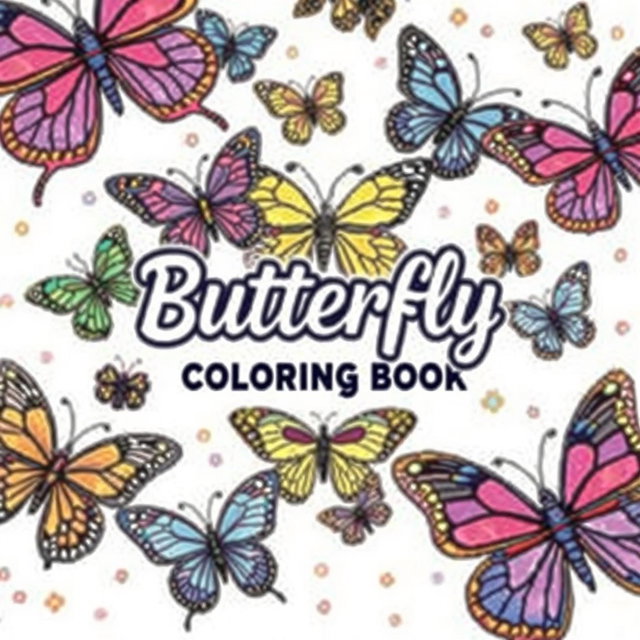 A vibrant and eye-catching butterfly coloring book cover featuring a variety of intricate butterfly designs, showcasing their beautiful patterns and colors