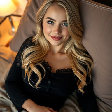 A young blonde woman with long, slightly wavy hair that is light golden in color, gently falling on her shoulders
