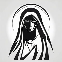 A high contrast, black and white vector-style illustration of the silhouette of a Holy Mother, front view on a white background. Ensure a simple, flat design and line art style without use of any colors.