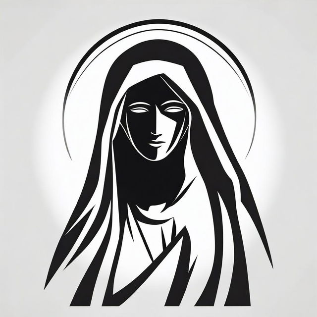 A high contrast, black and white vector-style illustration of the silhouette of a Holy Mother, front view on a white background. Ensure a simple, flat design and line art style without use of any colors.