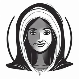 A high contrast, black and white vector-style illustration of the silhouette of a smiling Holy Mother, front view on a white background. Maintain a simple, flat design and line art style without any colors.