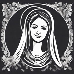 A high contrast, black and white vector-style illustration of the silhouette of a smiling Holy Mother, front view on a white background. Maintain a simple, flat design and line art style without any colors.