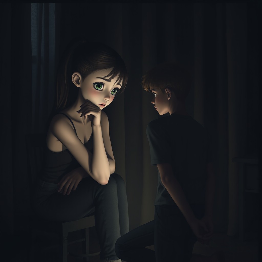 A thin girl sitting in a dark room, wearing dark jeans and a top