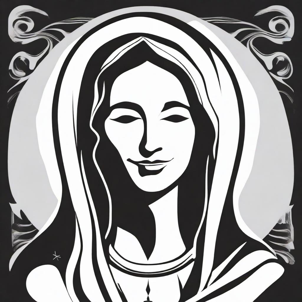 A high contrast, black and white vector-style illustration of the silhouette of a smiling Holy Mother, front view on a white background. Maintain a simple, flat design and line art style without any colors.