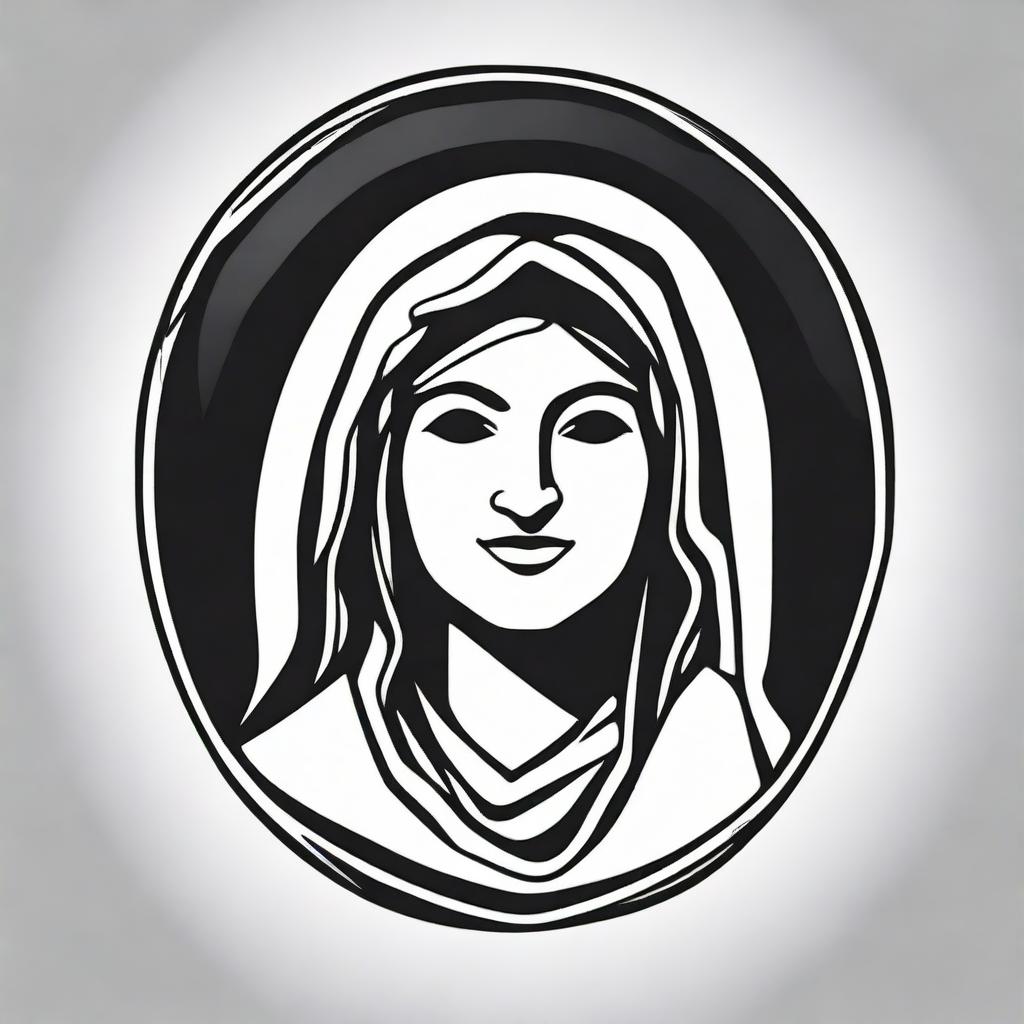 A high contrast, black and white vector-style illustration of the silhouette of a smiling Holy Mother, front view on a white background. Maintain a simple, flat design and line art style without any colors.