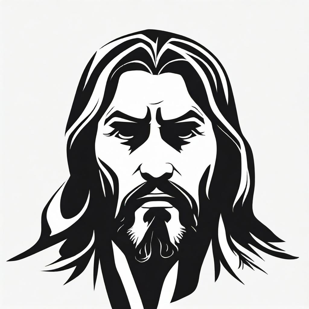 A high contrast, black and white vector-style illustration of the silhouette of an angry Jesus Christ, front view, on a white background. Use a simple, flat design and line art style without any colors.