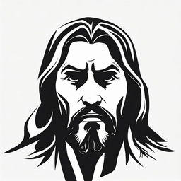 A high contrast, black and white vector-style illustration of the silhouette of an angry Jesus Christ, front view, on a white background. Use a simple, flat design and line art style without any colors.