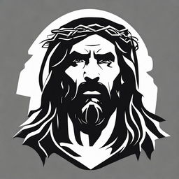 A high contrast, black and white vector-style illustration of the silhouette of an angry Jesus Christ, front view, on a white background. Use a simple, flat design and line art style without any colors.