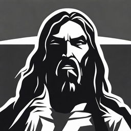 A high contrast, black and white vector-style illustration of the silhouette of an angry Jesus Christ, front view, on a white background. Use a simple, flat design and line art style without any colors.