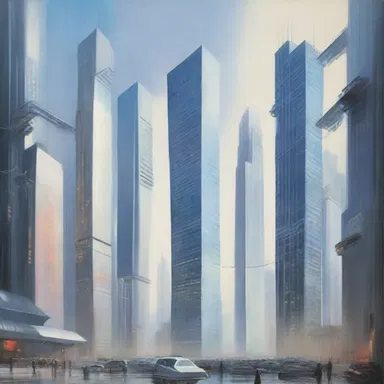 The artist's painting depicted a futuristic city with sleek skyscrapers and a network of intercoms connecting each building.