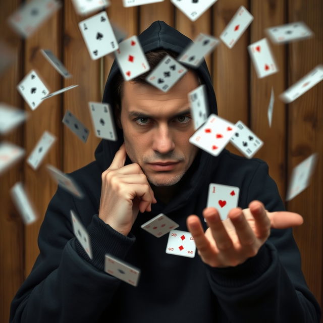 A person with a defined face and exact skin tone, wearing a black hooded sweatshirt, seated in a rustic wooden cabin